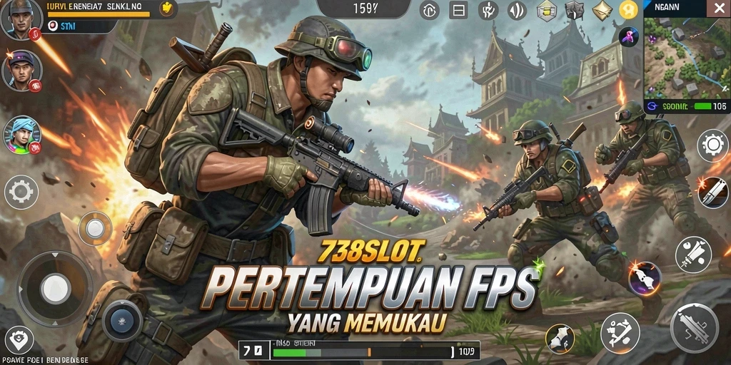 Screenshot gameplay 738SLOT menampilkan aksi pertempuran FPS yang mendebarkan.