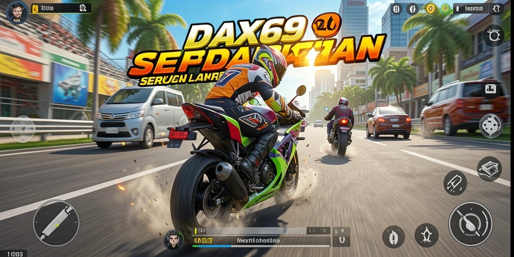 Screenshot gameplay DAX69 menampilkan aksi balapan motor yang mendebarkan.