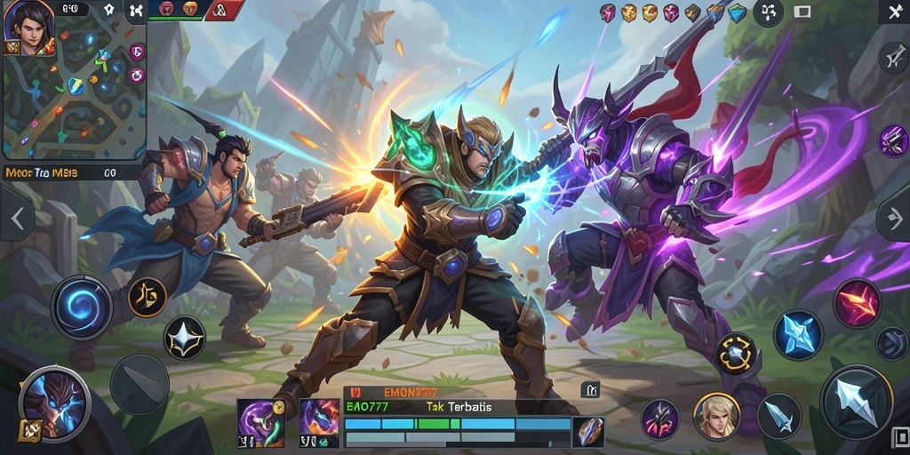 Tampilan pertarungan epik dalam game MOBA EMON777.