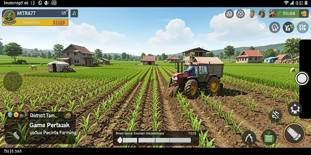 Screenshot gameplay MITRA77 menunjukkan suasana ladang yang cerah dan subur.