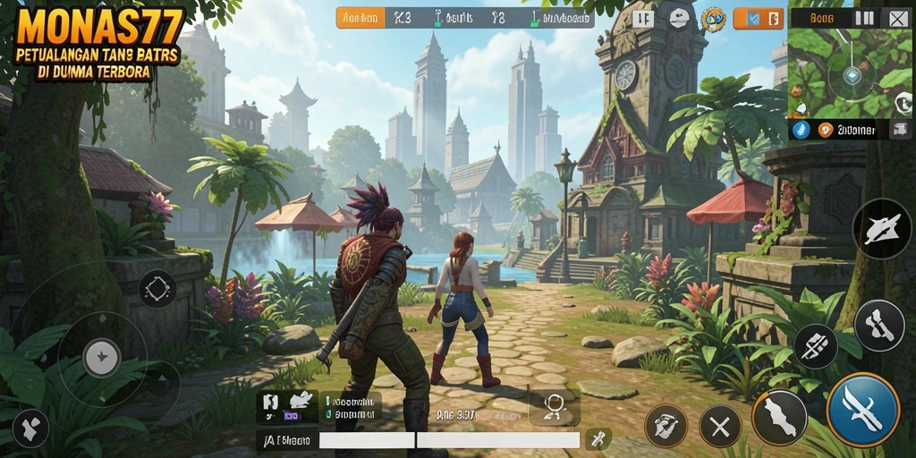 Screenshot gameplay MONAS77 menampilkan keindahan dunia terbuka yang luas.