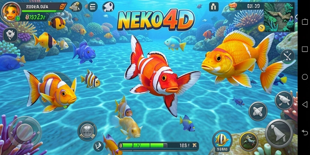 Tampilan gameplay <strong>NEKO4D</strong> yang menarik dengan berbagai ikan warna-warni.