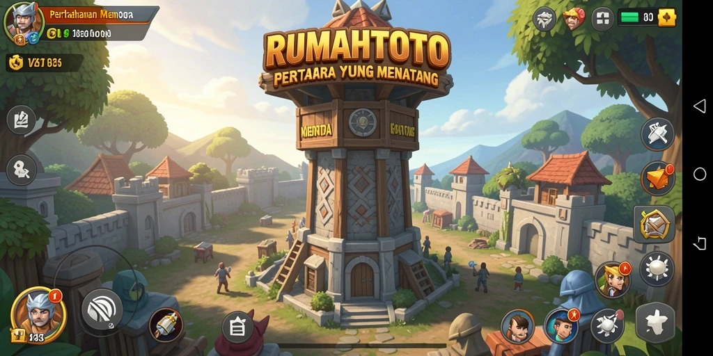 Screenshot gameplay RUMAHTOTO menampilkan aksi menara bertahan melawan gelombang musuh.