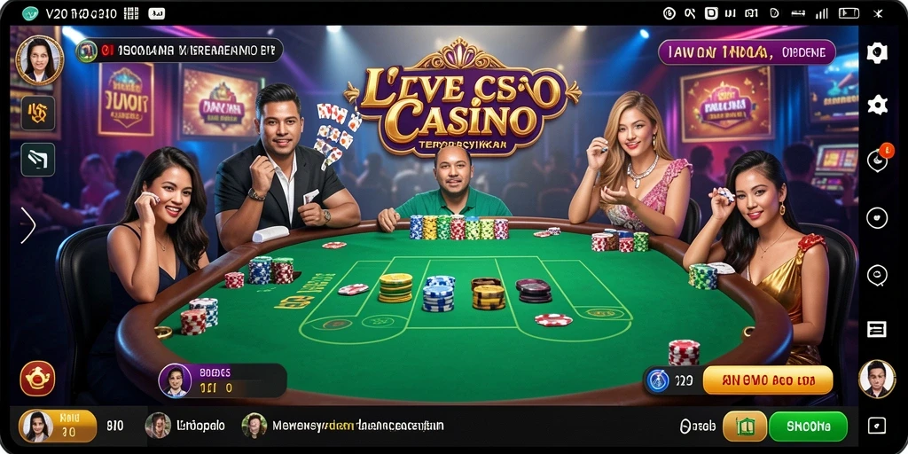 Screenshot gameplay V21 menampilkan dealer langsung dan permainan kasino yang seru.