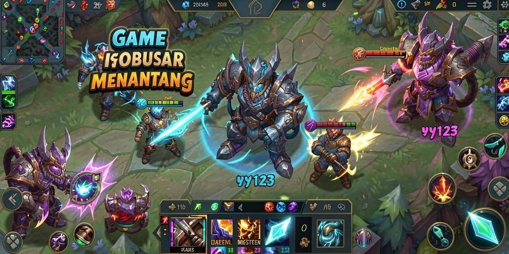 Screenshot gameplay <strong>YY123</strong> yang menunjukkan pertempuran intens di arena MOBA.